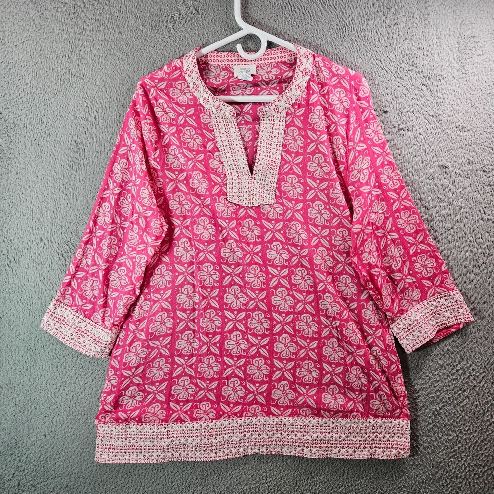 Sigrid Olsen Tunic Top‎ Blouse Women Large Embroidered Pink White